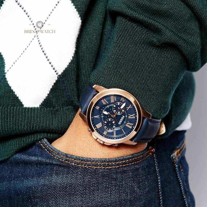 Jam Tangan Pria Fossil Grant Fs4835 Chronograph Blue Dial Navy Leather Strap Casual Original