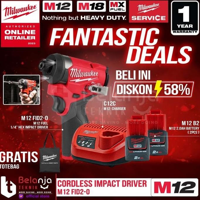 promo milwaukee impact driver cordless m12 fid2-0 12v 1/4 inch hex baterai 2ah