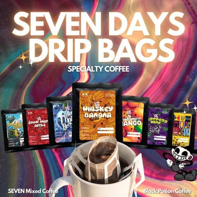 

READY SEVEN DAYS DRIP BAG COFFEE KOPI FILTER READY TO BREW BLACK POTION ROASTERY
