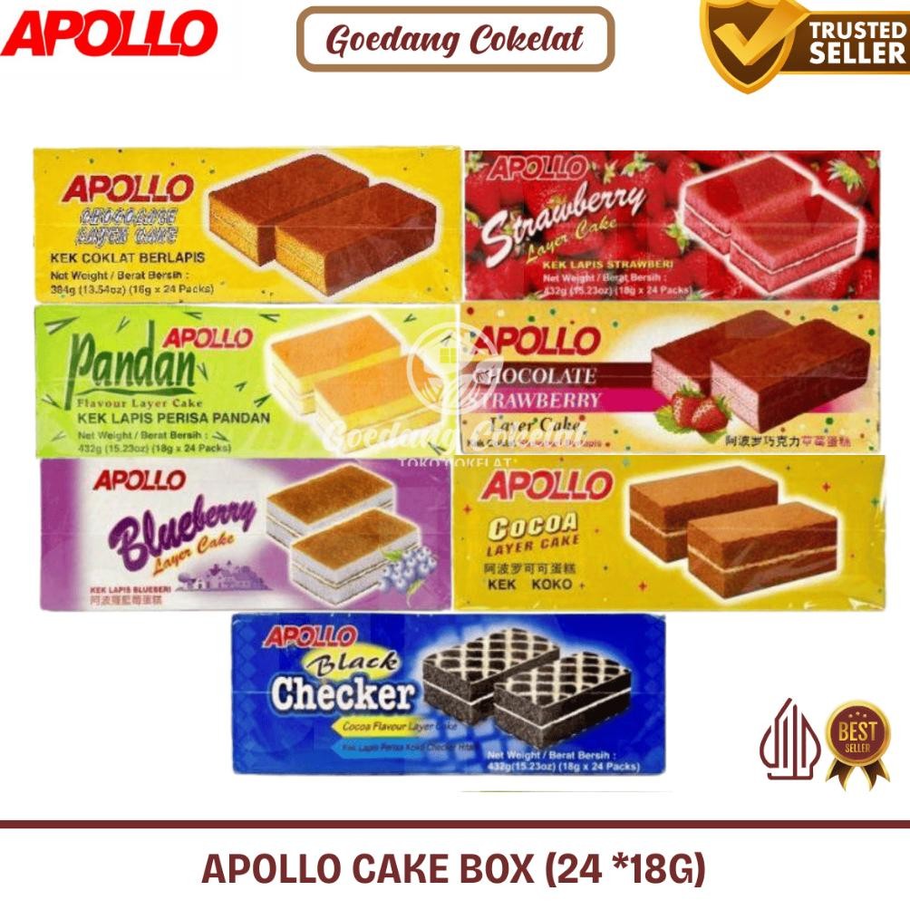 

Promoo!! Apollo Layer Cake Black Forest Checker Cocoa Bolu Lapis Rasa Pandan Coklat Chocolate Blueberry Strawberry Kemasan 1 Box Isi 24pcs x 18g