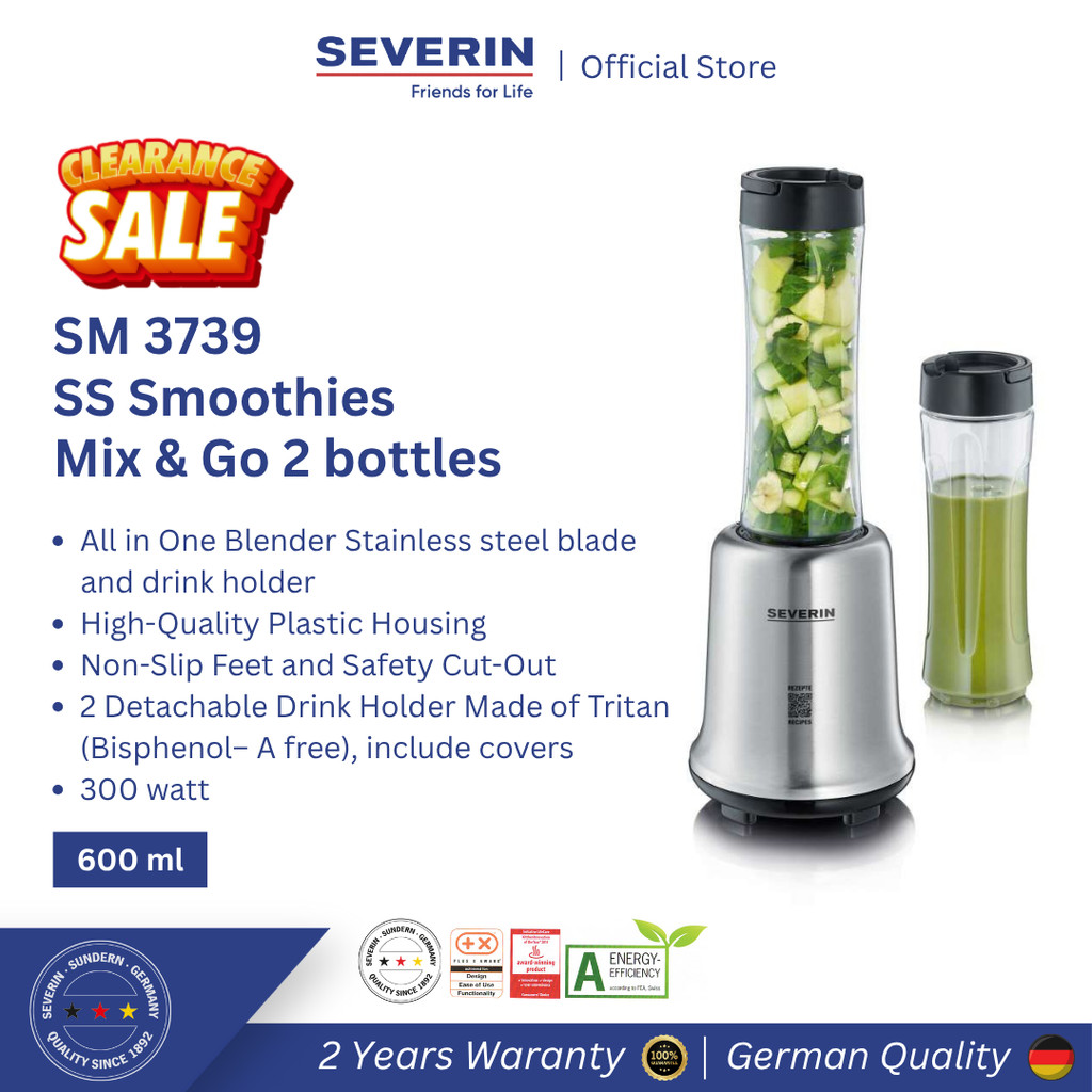 [CLEARANCE SALE] Severin - Blender Portable All in One Smoothies Mix & Go Maker 600ml 2 Bottles BPA 