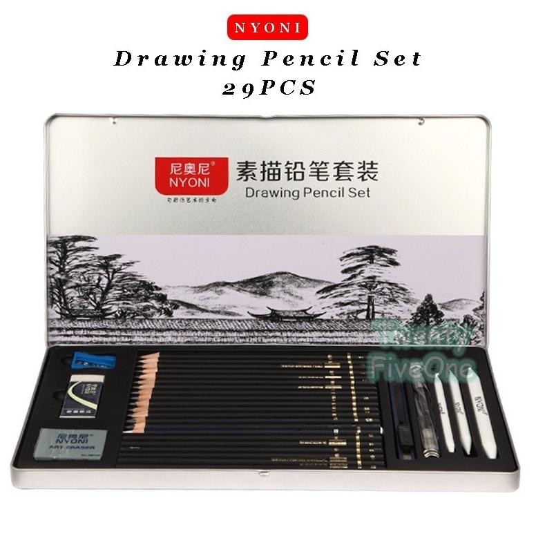 

Nyoni Drawing Pencil Gambar Set 29PCS Drawing Sketch Pencil Set Tin Box Pensil Gambar