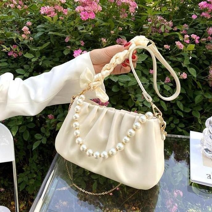 Asli BAO126 Tas Mutiara Berlipat Model Berawan Tas Tangan & Selempang Rantai Wanita Elegan