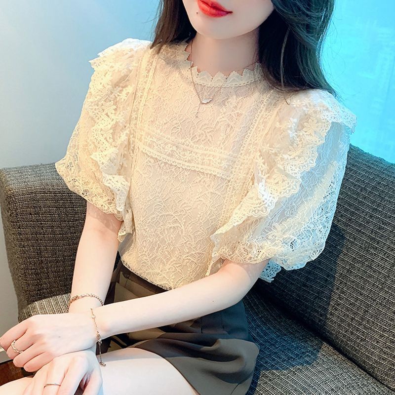 [Saror]Kemeja Lengan Puff Vintage Blus Renda Elegan