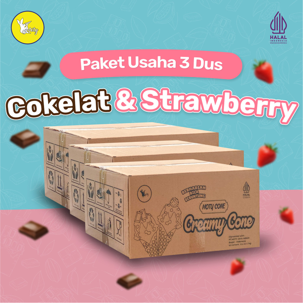 

Paket Usaha Snack Moty Cone 3 Dus – Cokelat & Strawberry | Isi Banyak, Cocok Untuk Jualan