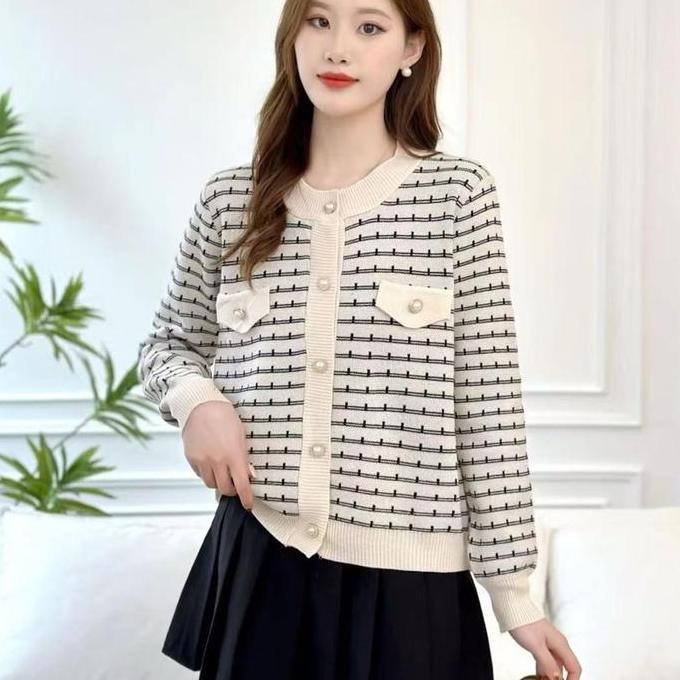 Cardigan Rajut Motif Kotak 406 Outer Soft Knit dengan Kancing Aktif - Atasan, Top, Panjang, Wanita, 