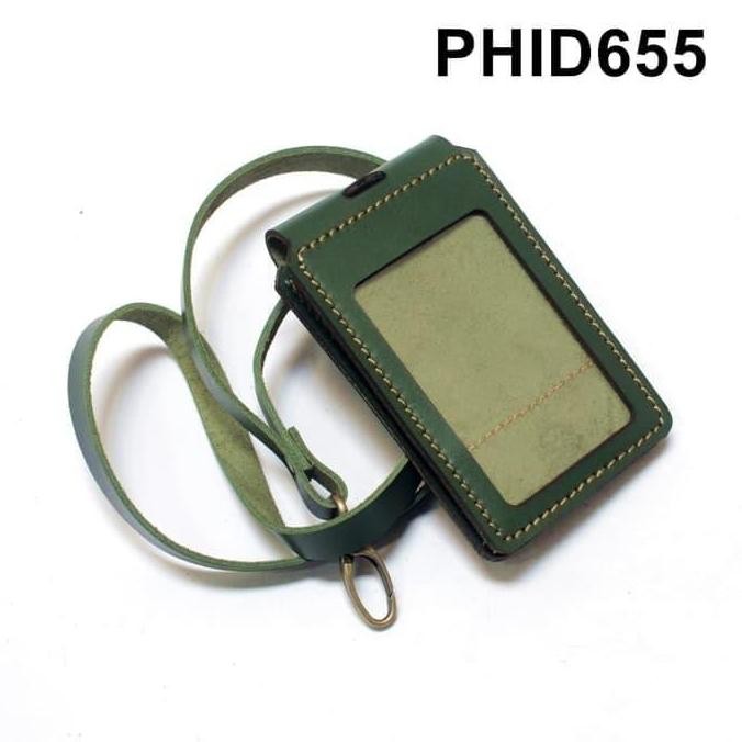 

ID card holder lipat kulit asli name tag magnet tali hijau PHID655