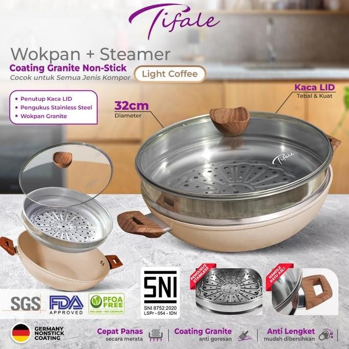 [NABUNG 5 JULY] [LIGHT COFFEE] Tifale [2IN1] Wokpan Diameter 32cm+Glass Lid + Granite Steamer Non St