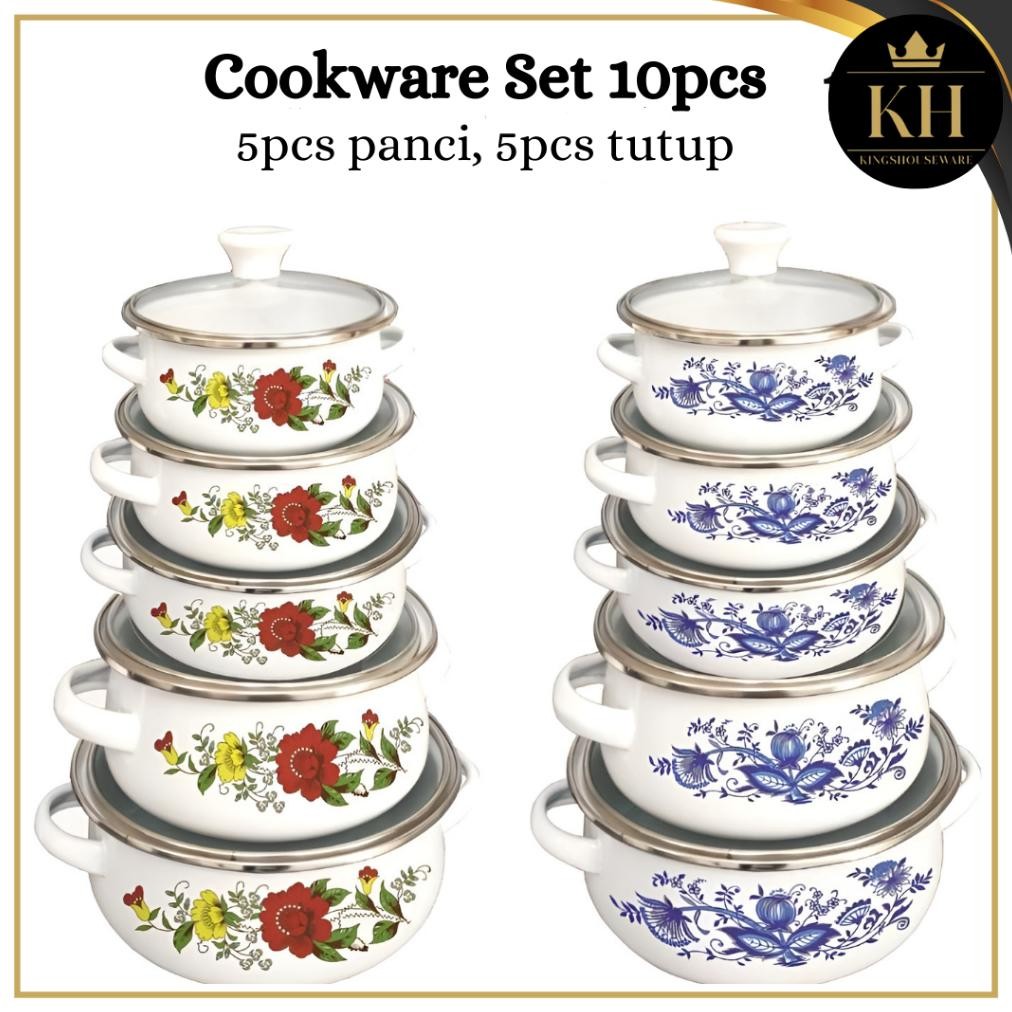 Murah Kh-Panci Set Enamel Kembang Susun 10Pcs & 6Pcs / Panci Susun 3 Enamel Tutup Kaca / Panci Reona