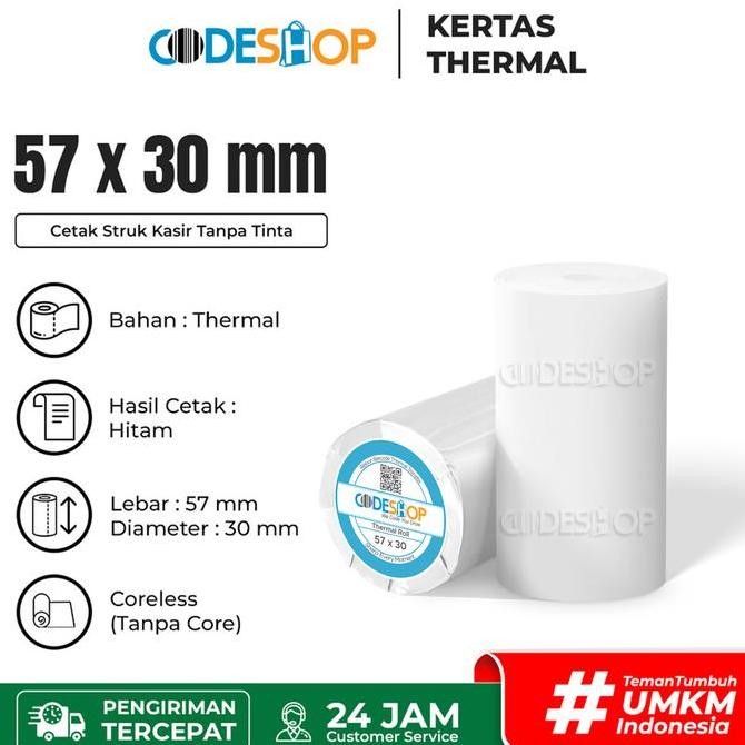 

1 DUS Kertas Thermal Codeshop 57 x 30 mm Roll Printer Struk Kasir 58mm