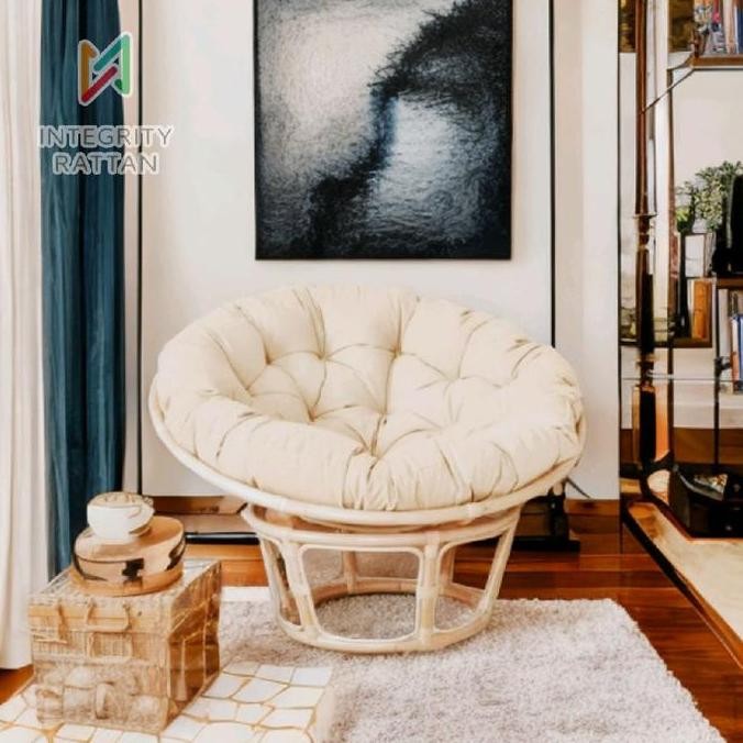Kursi Teras Bulat Papasan Parabola Minimalis Rotan Alami Dengan Cushion Dan Bantal Empuk Seo