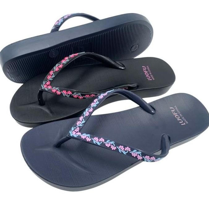 Luofu Sandal Jepit Karet Tali Bunga Empuk Wanita Import E7140-BRE131 (V6)