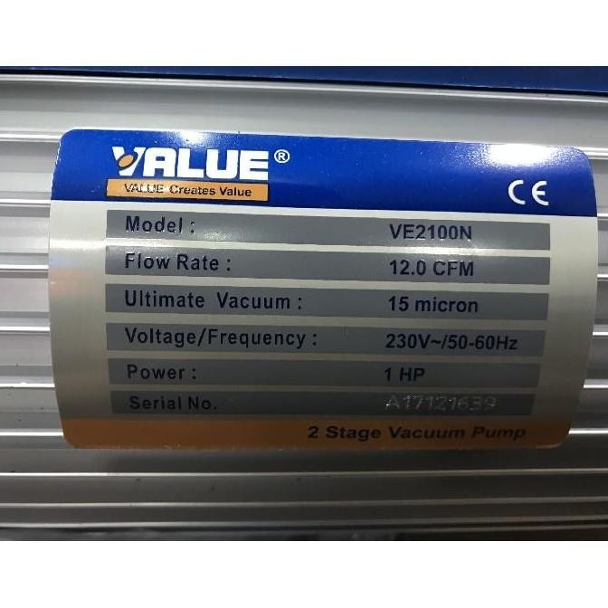 Value Ve2100N 1Pk Vacuum Pump 2Stage