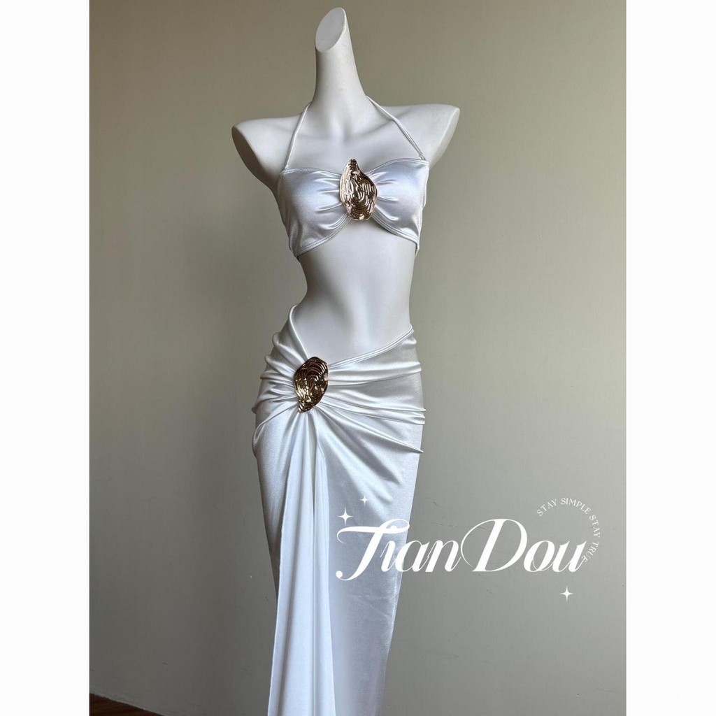 High-Quality Satin Sexy Halter Neck Two-Piece Long Skirt Swimsuit Bikini Three-Piece Set TRAK