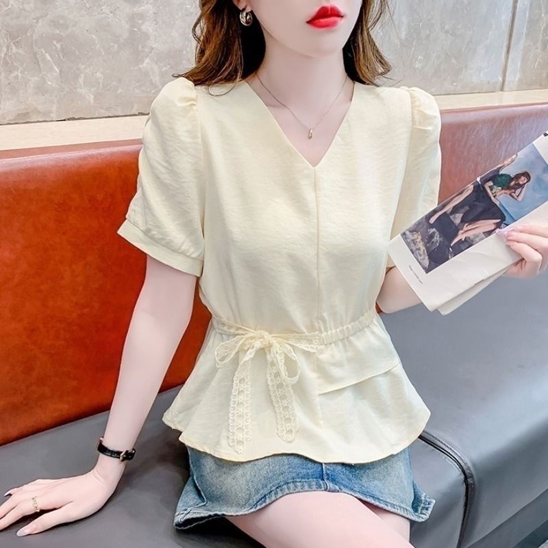 Kemeja Lengan Pendek Wanita Berkualitas Tinggi Model Tahun Baru   Blus Lengan Puff Prancis yang