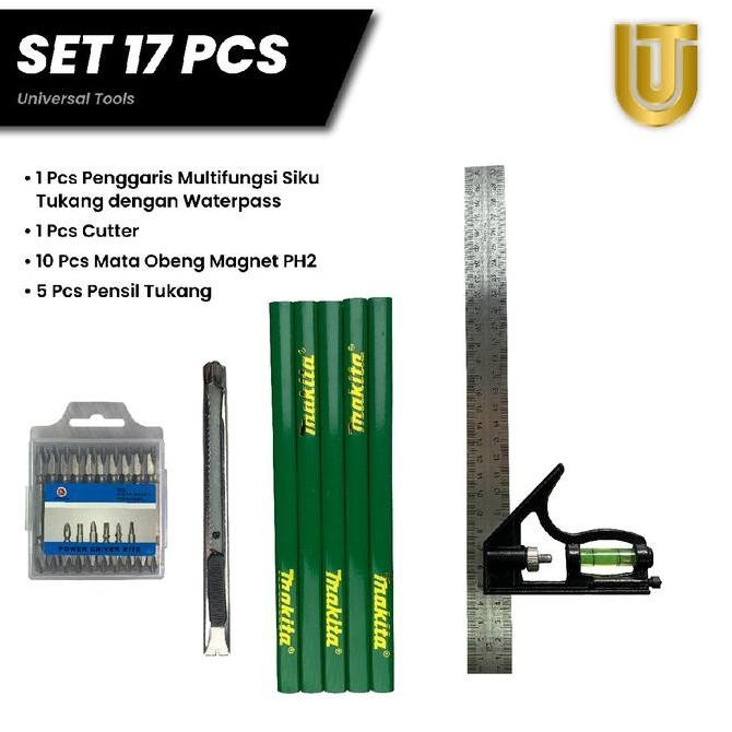 

PEKET SET PENGGARIS SIKU TUKANG MULTIFUNGSI STAINLESS STEEL DAN ZINC ALLOY DENGAN WATERPASS, PENSIL TUKANG, MATA OBENG MAGNET DAN CUTTER STAINLESS MULTIFUNGSI ORIGINAL DAN TERPERCAYA