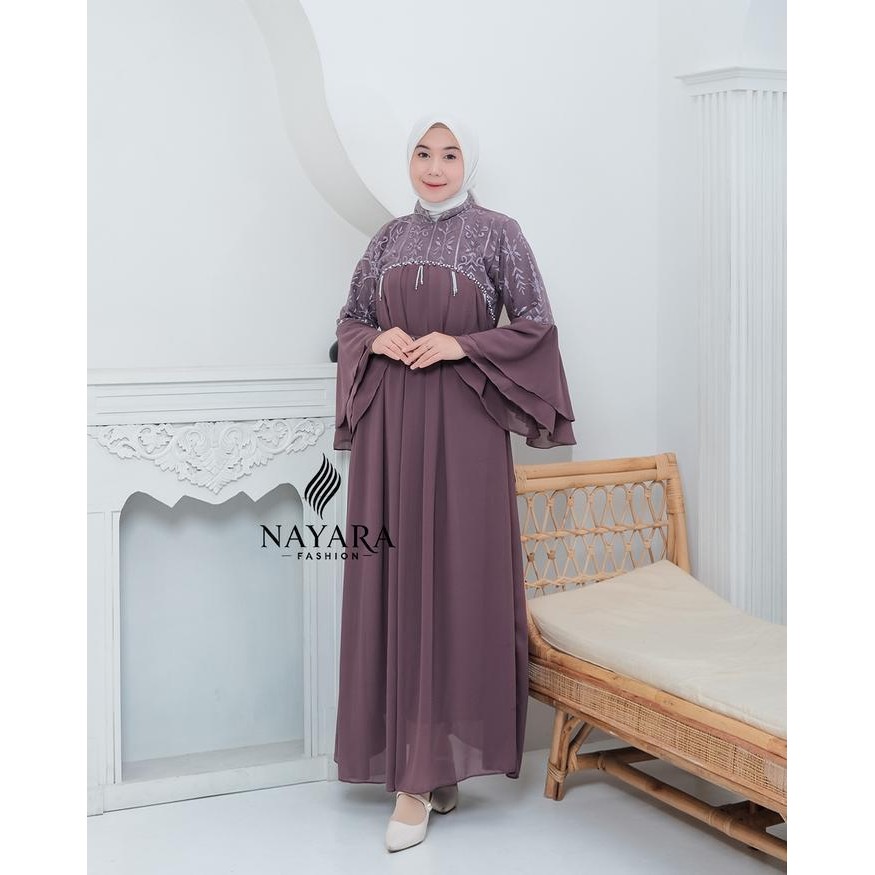 RHS Zoya Dress Gamis Ceruty Baby Doll Premium Full Furing Mix Brukat Sapto Aplikasi Payet Mutiara Ga