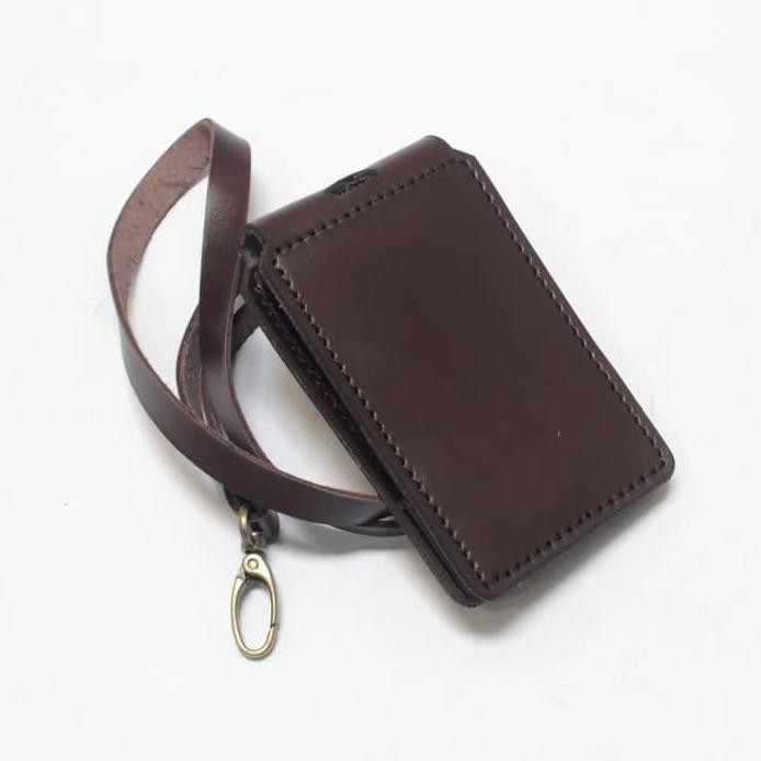 

New ID card holder lipat kulit asli coklat name tag magnet tali PHID654