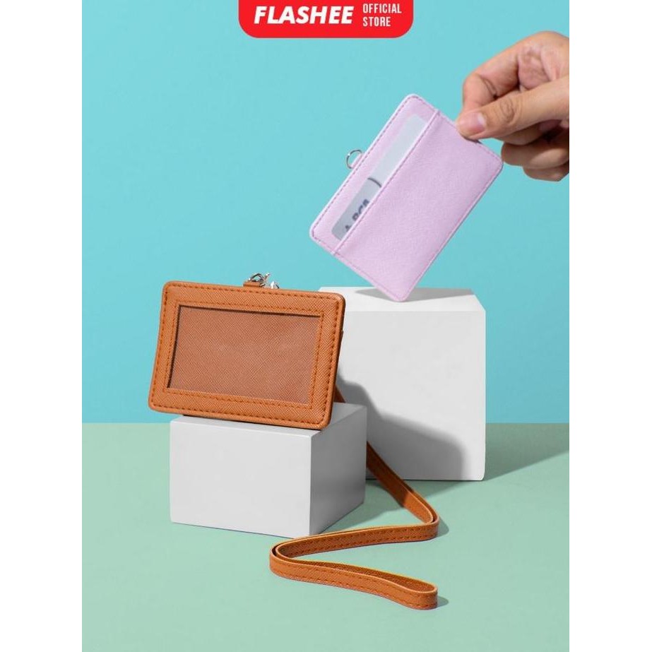 

New Flashee Name Tag Horizontal Tali Kulit Lanyard Landscape PU Leather ID Card Holder Horisontal