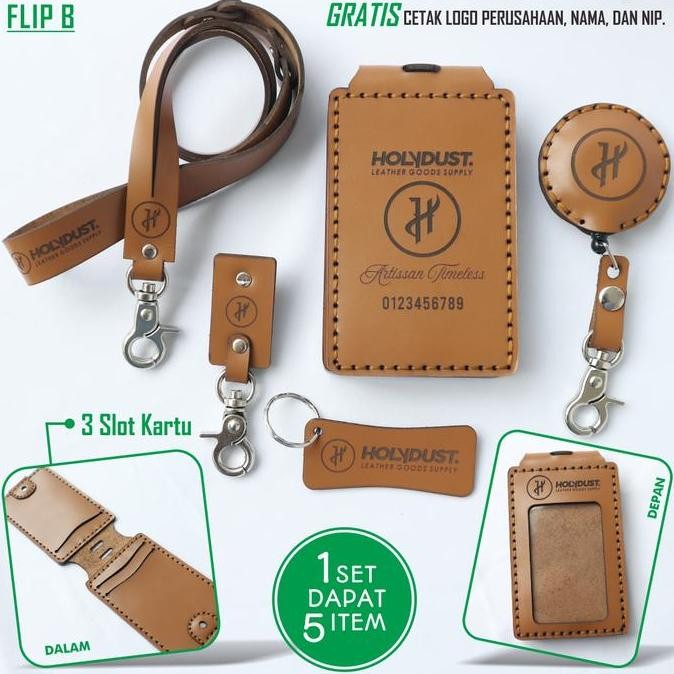 

New Custom ID Card holder Kulit Name Tag Lipat asli flip magnet PREMIUM