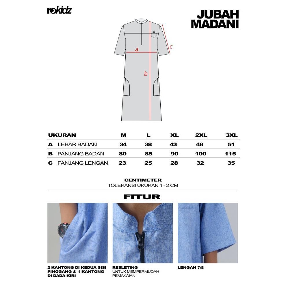 Jubah Madani Rokidz - Jubah Gamis Anak Laki-Laki Al Haramain, Kerah Koko, Lengan 7/8, Bahan Madinah