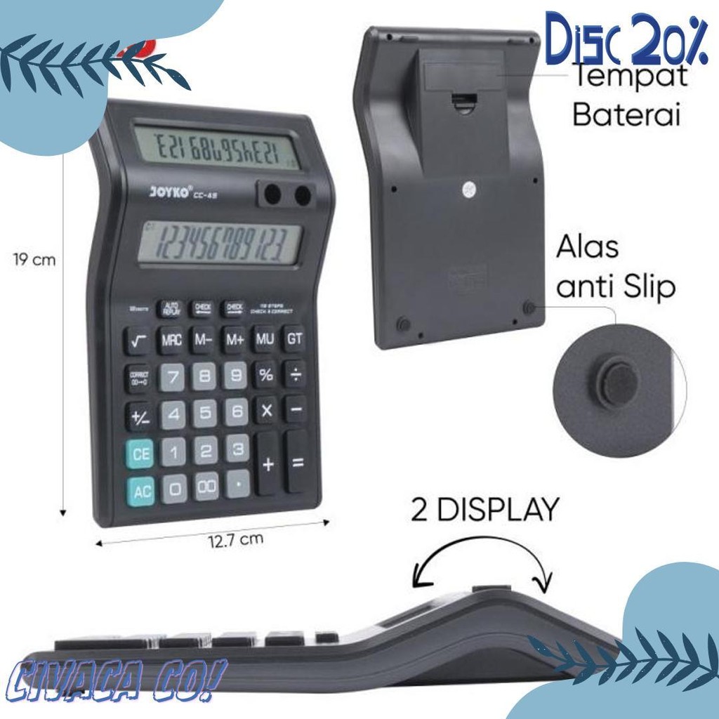 

Kalkulator Dagang 2 Layar Cc 49 Dual Display Calculator 12 Digit Joyko (Gratis Baterai) Diskon