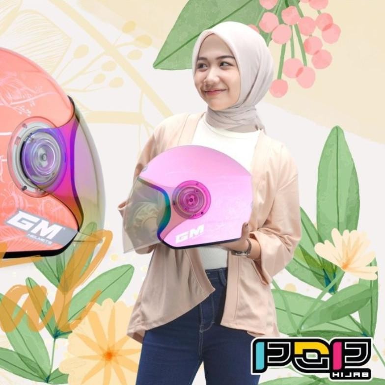Helm Gm Pop Hijab Original 100 % Motif Cristal Pink Pastel Visor Light Rainbow Terbaru