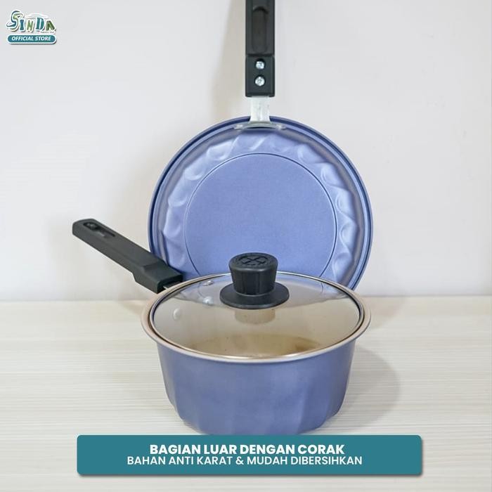Sinda Panci Teflon Masak 1 Set Panci Penggorengan Enamel Dengan Tutup Kaca Anti Lengket Ukuran 18Cm 