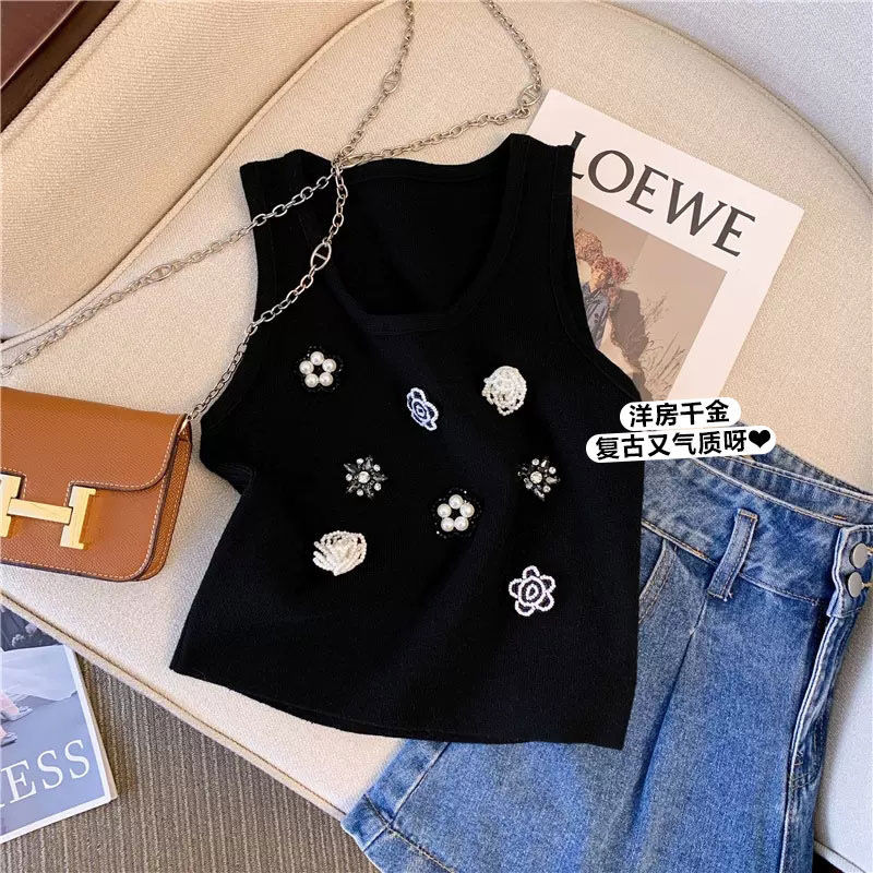 Chanel Style Camellia Beaded Knitted Vest for Women
