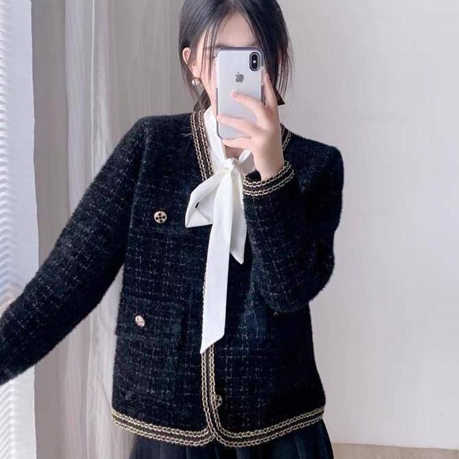 Cardigan Blazer tweed motif kotak lengan panjang 6020 PS