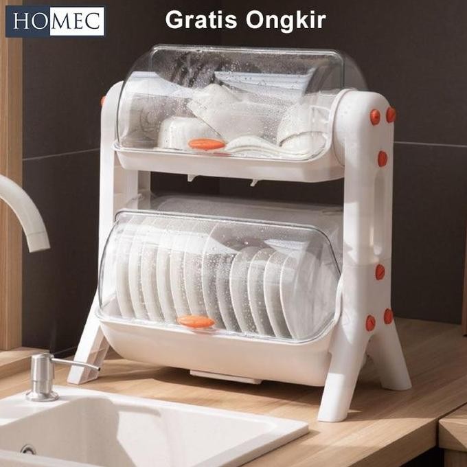 Rak Piring Tertutup Plastik 2 Susun Lemari Piring Rak Dapur Minimalis