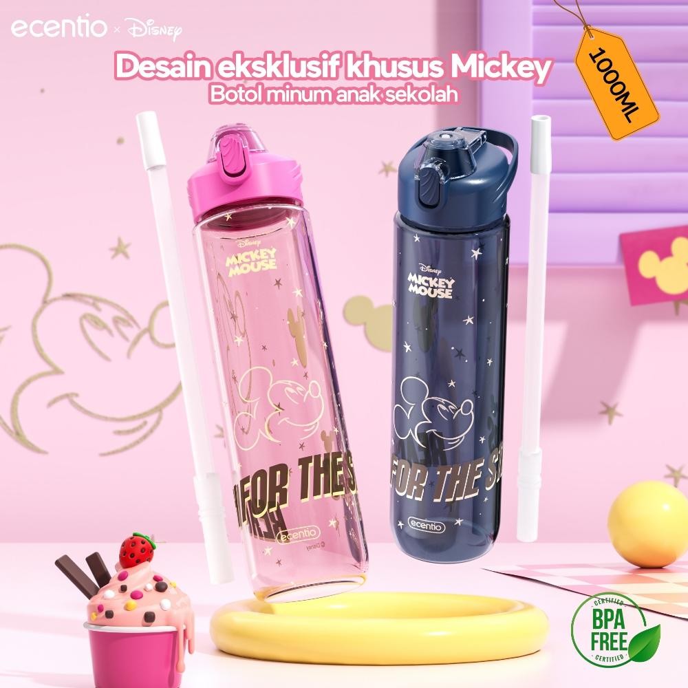Disneyecentio x Mickey Biru/Pink Botol Minum Aesthetic Lucu 1 Liter Food Grade Plastik Sedotan Botol