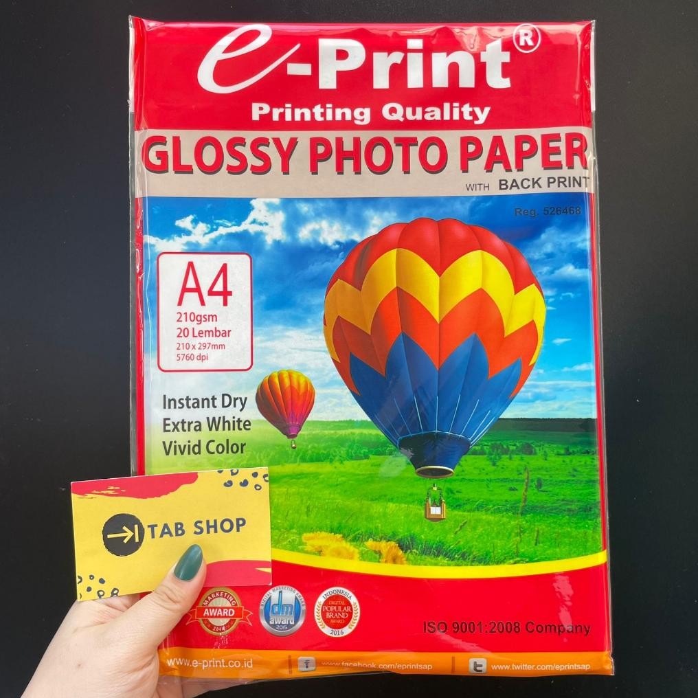 

TAB SHOP - EPRINT GLOSSY PHOTO PAPER WITH BACK PRINT 210 GSM 20 LEMBAR A4 - E-PRINT KERTAS FOTO EKONOMIS Nugi