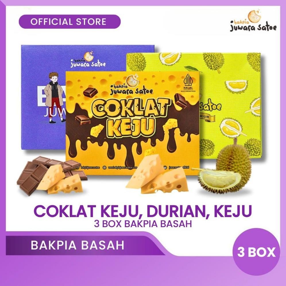 

NO_MORE BAKPIA JUWARA SATOE [ 3 Box ] Paket Bakpia Basah (Coklat Keju, Durian, Keju) - Oleh Oleh Khas Jogja