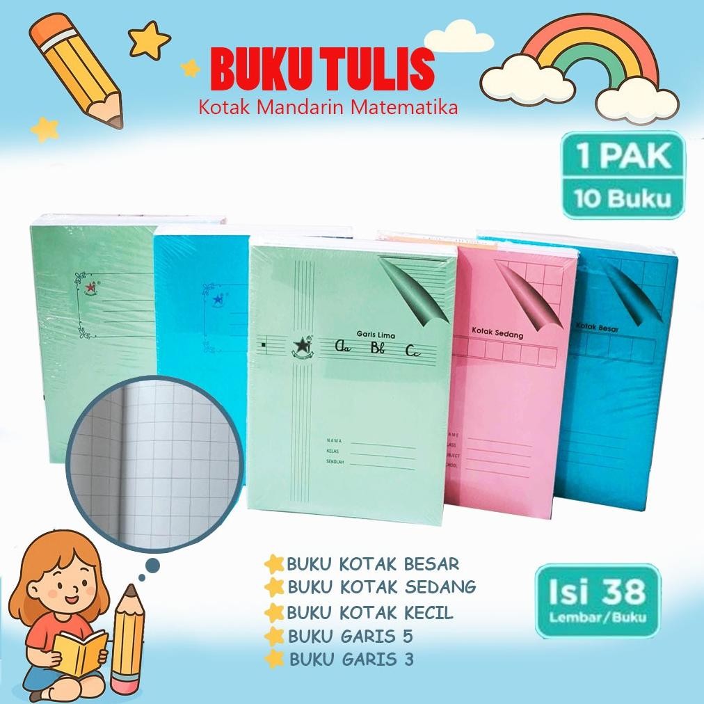 

10 Buku Tulis Kotak Besar Mandarin / Kotak Sedang / Kotak Kecil / Garis 5 / Garis 3 / Matematika Bintang Obor 38 Lembar Nugi