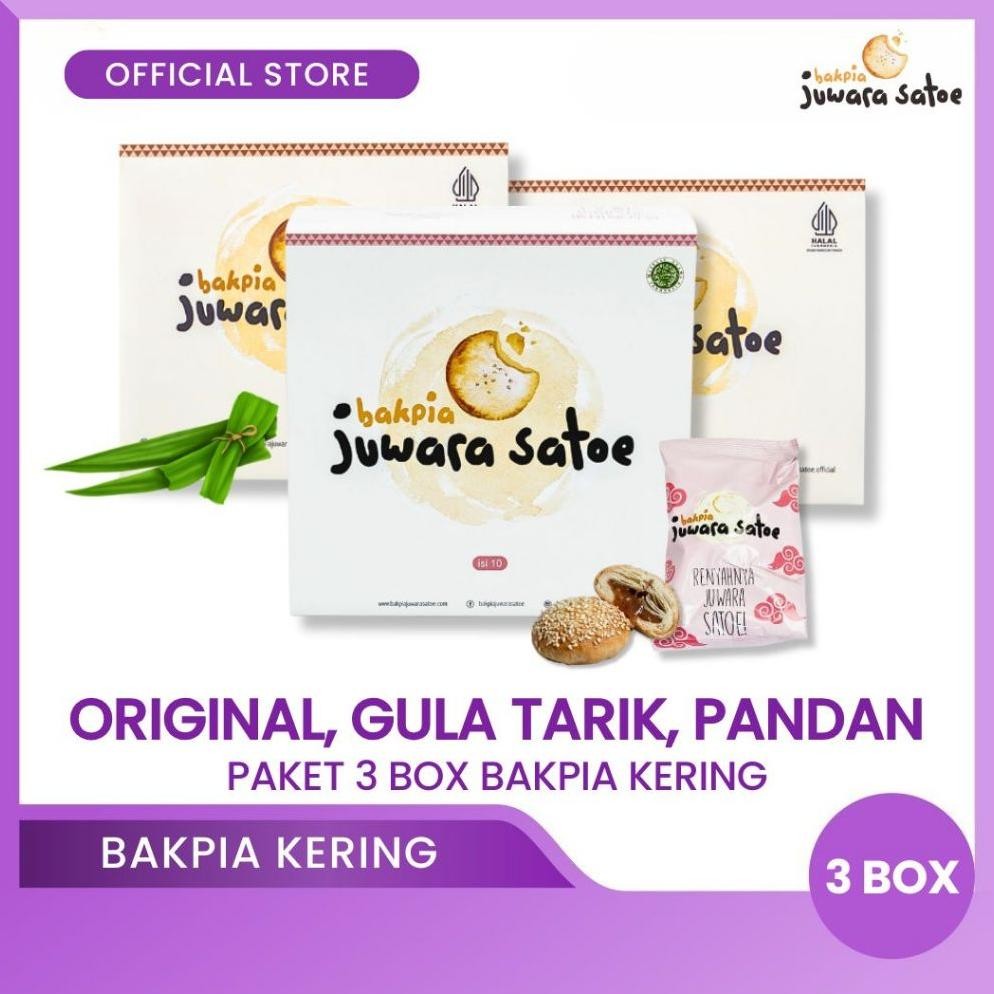 

NO_MORE BAKPIA JUWARA SATOE [ 3 Box ] Paket Bakpia Crispy (Original, Gula Tarik, Pandan) - Oleh Oleh Khas Jogja