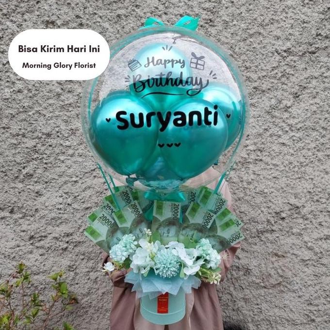 BEBAS ONGKIR - Balon Bouquet Buket Bucket Uang + Bunga (Isi Uang Sendiri) - MG
