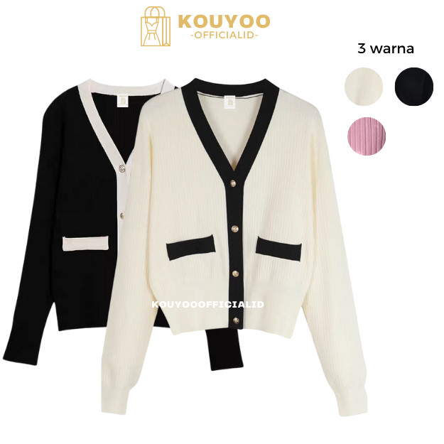 Cardigan Wanita Top Knit Import - Blouse Wanita - Atasan Rajut Wanita Krem Hitam Ungu