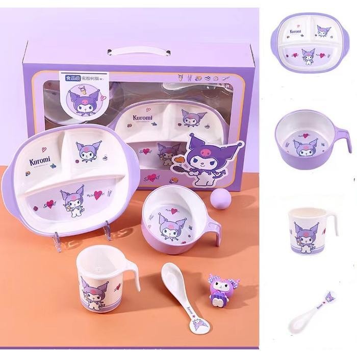Piring Set Anak 4in1 Bahan Melamin Karakter Kuromi Nailong Lucu Mangkok Piring Gelas Sendok Melamin 