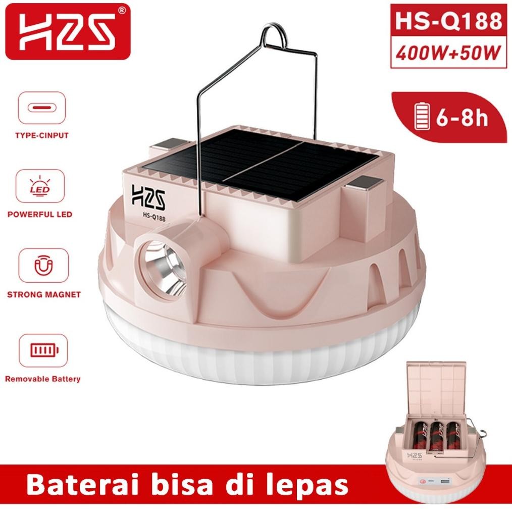 H2S Lampu LED Emergency UFO + Senter HS-Q188 Solar Panel 400w + 50w Baterai Lepas