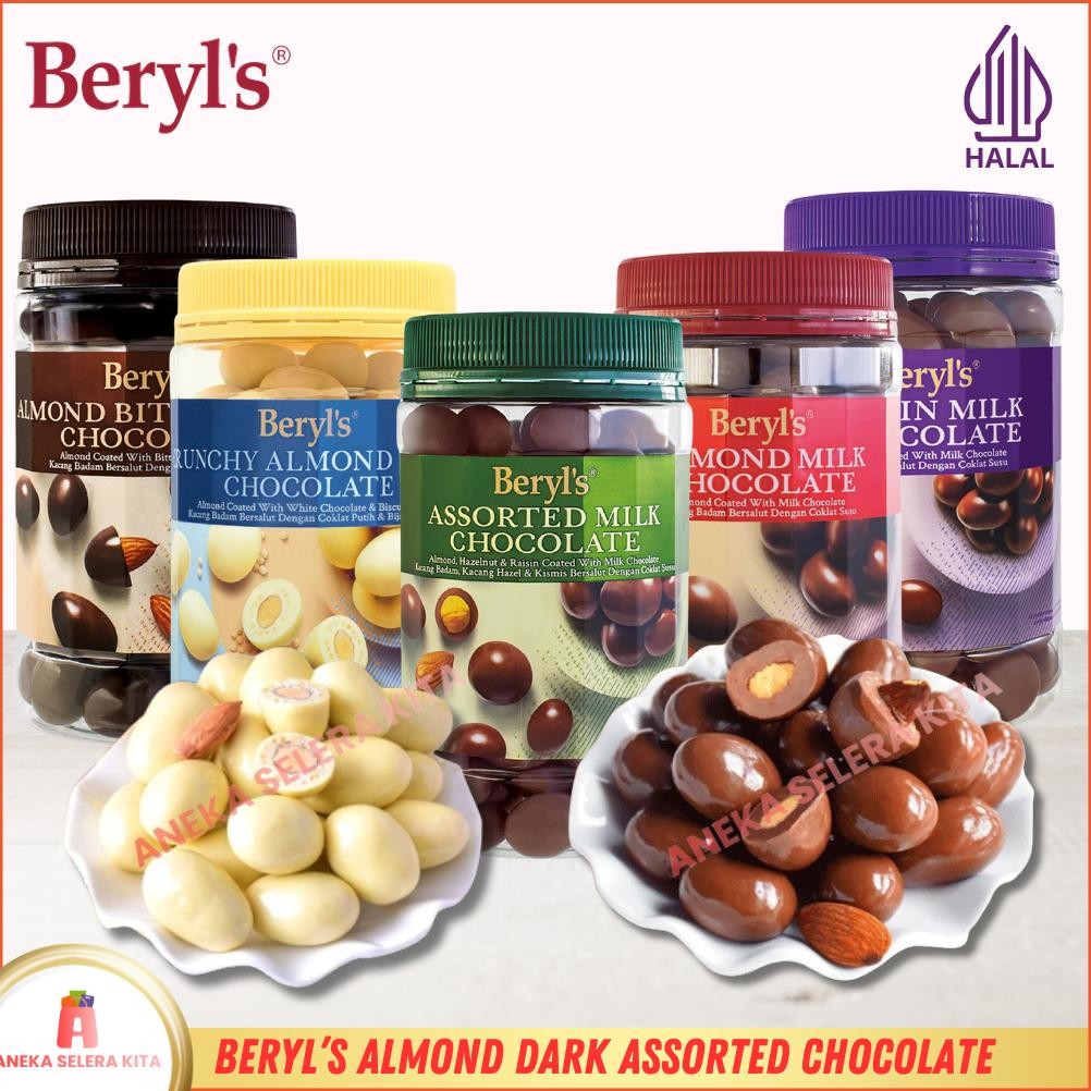

Beryls Crunchy Assorted Almond Green Tea Milk White Chocolate Halal Kemasan Jar 380gr & 450gr aSt
