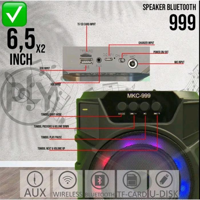 Speaker Bluetooth Karaoke Free Mic 6,5 x2Inchi MKC 999 Salon Aktif Portable Radio Fm Mp3 Super Bass 