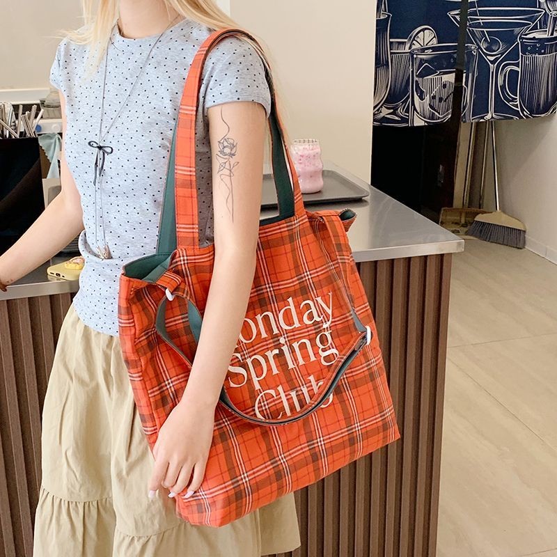 【Tas Bagus】【COD】Tas Jinjing Kain Kotak-Kotak Sastra Kapasitas Besar Musim Panas 2025 Tas Bahu Wanita