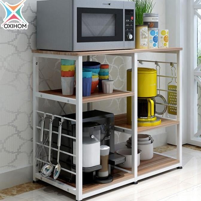 Oxihom Rak Dapur Susun Kayu Besi Rak Microwave Rak Serbaguna
