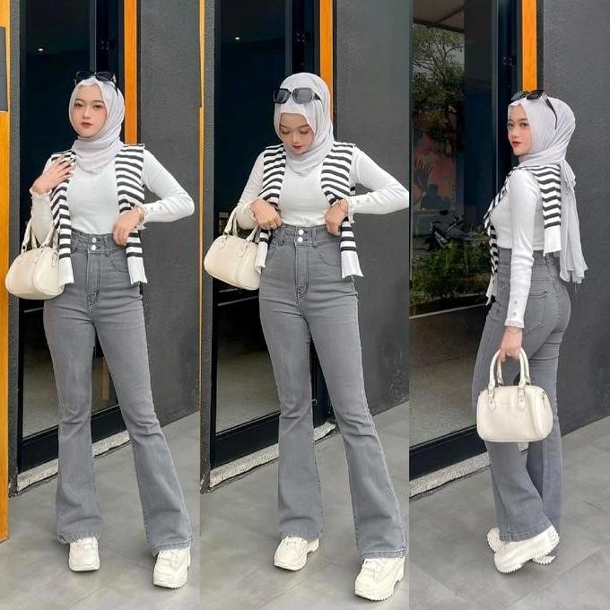 Celana Highwaist Cutbray Kancing 2 (cky) Jeans Wanita Panjang Cewek Denim Skinny Karet Hitam PS