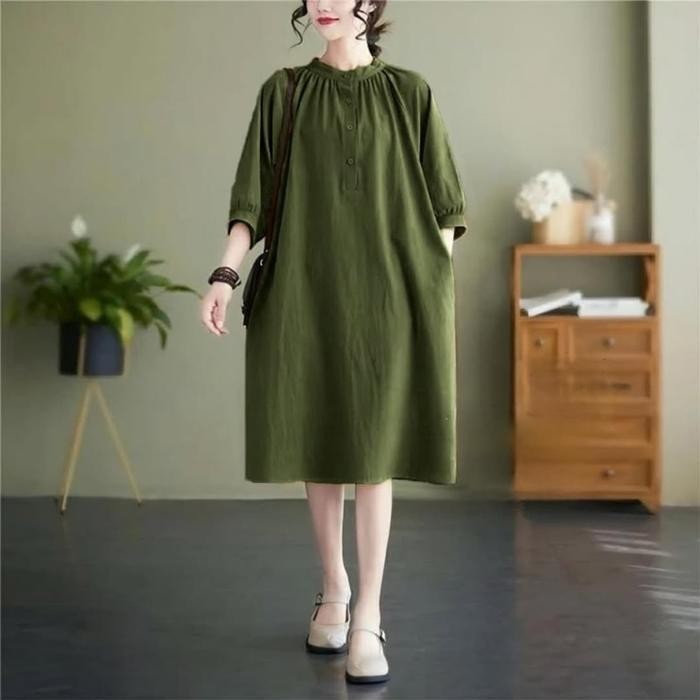 Dd Midi Dress Andara Oversize Bahan Linen Rami Adem || Midi Dress Simple Elegan