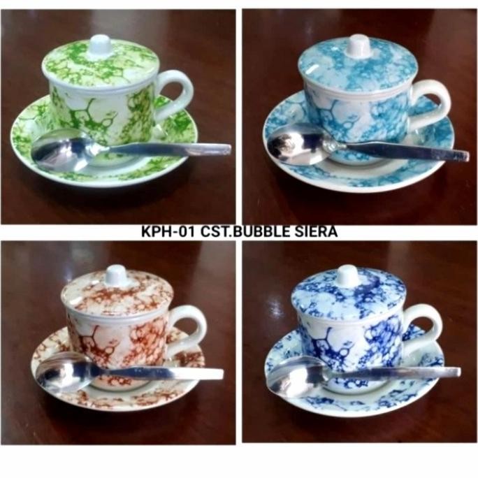 Cangkir motif lurik isi 4 set / Cangkir kopi + tutup + saucer