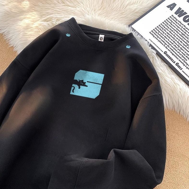 Excetra.id sweater cowok baju lengan panjang pria oversize sweater pria Kartun kucing hitam bergamba