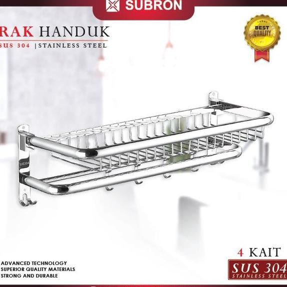 Subron Sus 304 Rak Dinding Kamar Mandi 4 Kait Tempat Penyimpanan Handuk Baju Multifungsi Stainless S