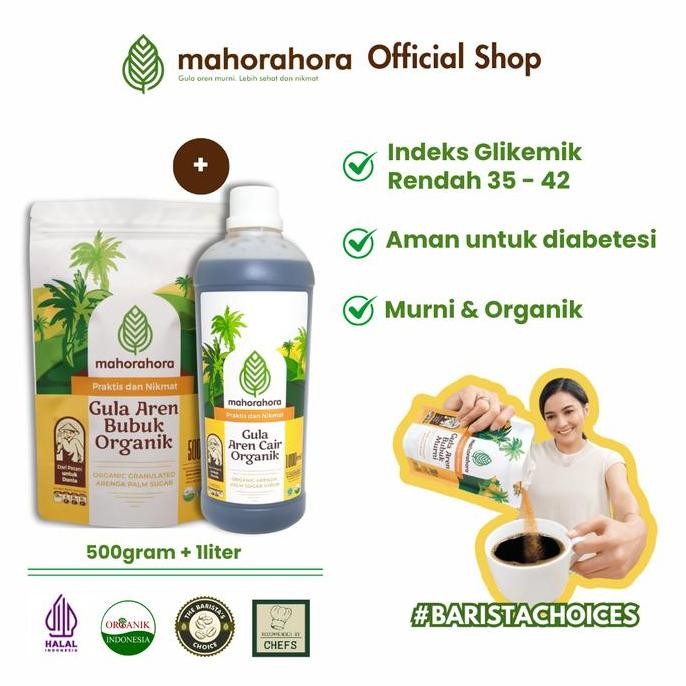 

Baru Paket Hemat Gula Aren Bubuk 500gr + Cair 1L Mahorahora